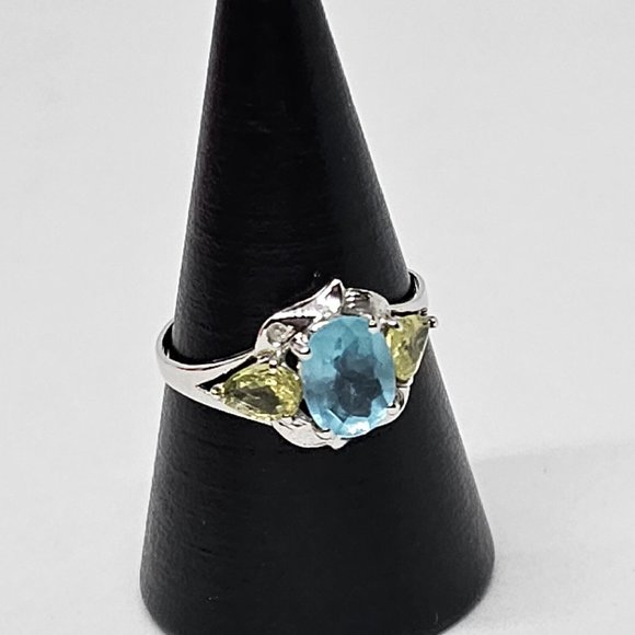 Signed YJ Blue Topaz & Peridot Gem Stones 10K White Gold Ring Size 7 - Picture 11 of 12